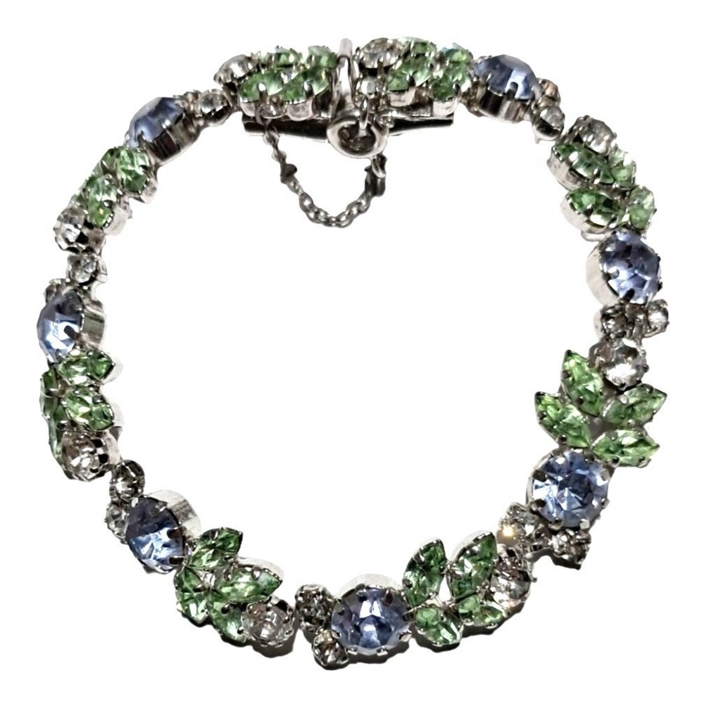 Vintage Austria‎ Rhinestone Bracelet Green Blue Clear Silver Tone Signed Costume
